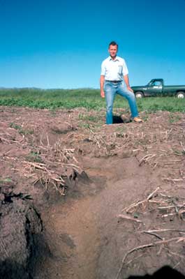 Man standing by gully caused by soil erosion